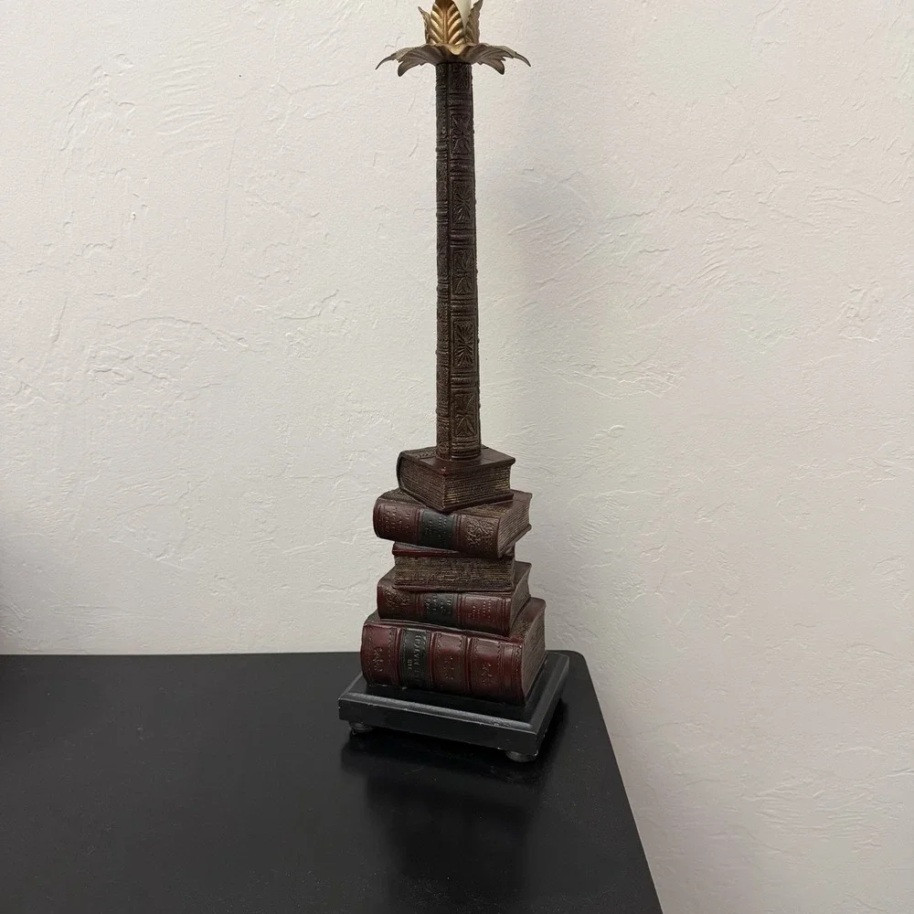 Vintage Lighting TYNDALE TABLE LAMP Palm Tree Solid Brass Stacked Antique Books